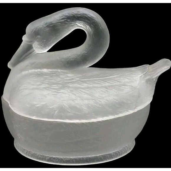French Portieux Vallerysthal Frosted Glass Swan Trinket/Candy Dish 4¾"x 6" x 4" - Picture 1 of 16